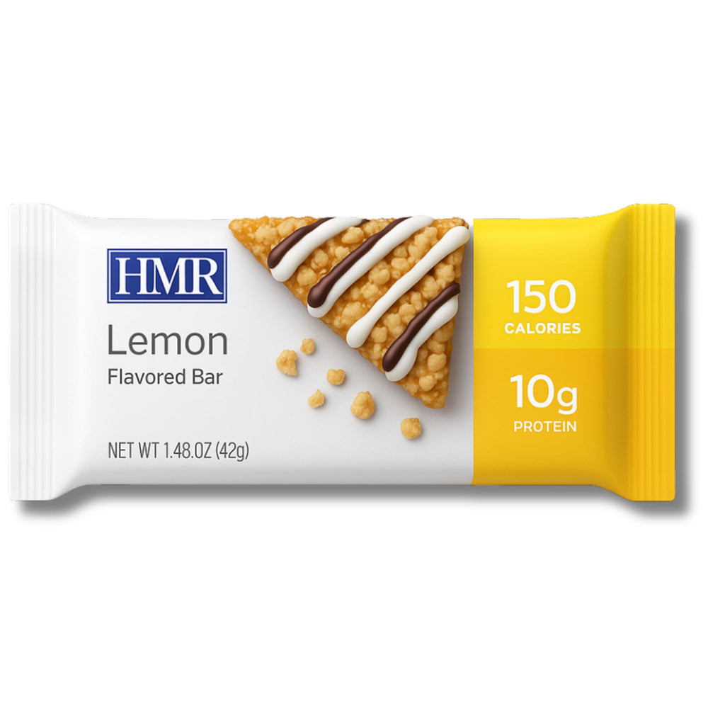 HMR Lemon Protein Bar half-bite highlighting yogurt drizzle and chewy interior.