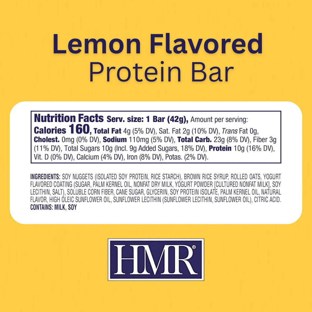 HMR Lemon Protein Bar close-up showing lemon flavor and soft, chewy texture.