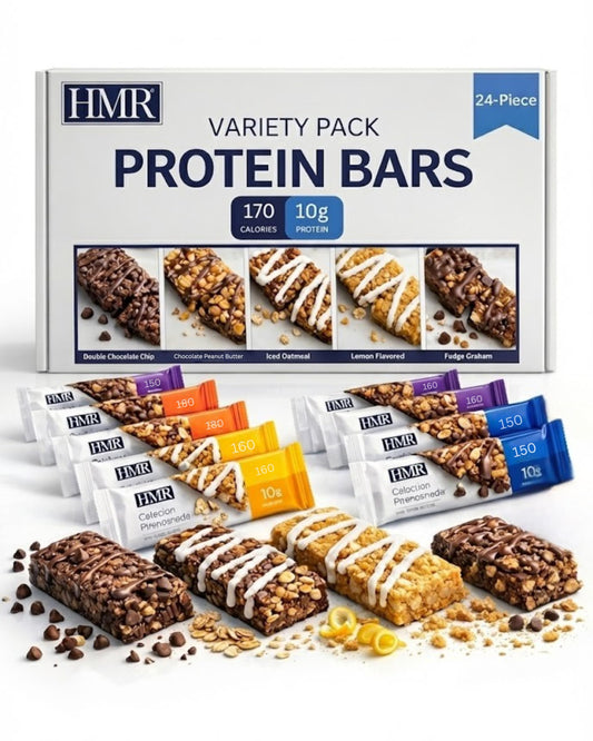 HMR Bar variety pack front view highlights five flavors for guilt-free snacking.