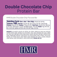 HMR Bars Double Chocolate Chip bar close-up highlighting chewy texture.
