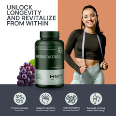 HMS Nutrition Resveratrol packaging label emphasizes quality and USA manufacturing.