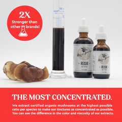 Hodgins Harvest Reishi tincture drops close-up reveal rich color.