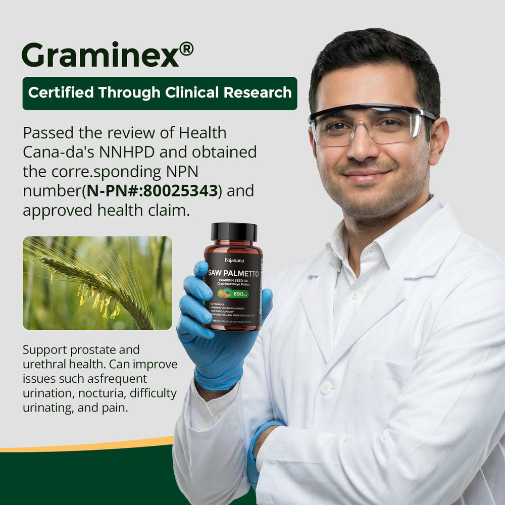 HojaSana Graminex rye pollen details showing prostate-supporting blend