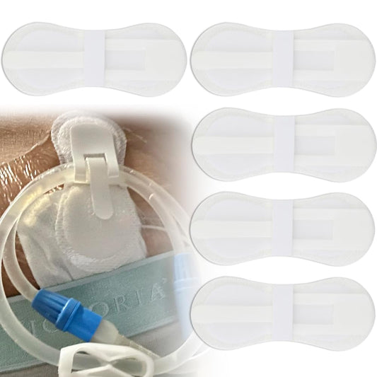 Hola Health low-profile feeding tube holder secures G-tubes during daily activities.