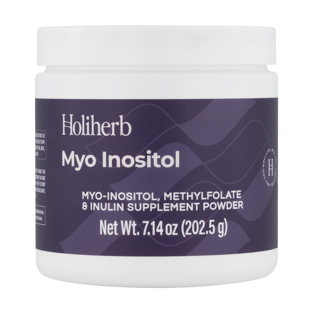 Holiherb Myo Inositol bottle shows 4 g per serving for hormonal balance.