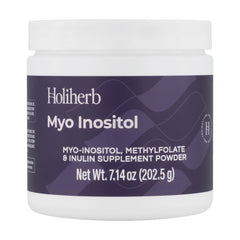 Holiherb Myo Inositol bottle shows 4 g per serving for hormonal balance.