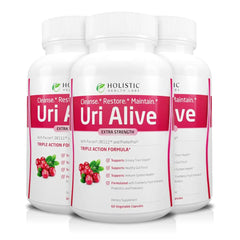 Holistic Health Labs Uri Alive extra strength bottle supports urinary tract health with cranberry and probiotics.