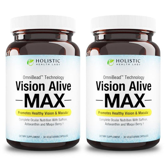 Holistic Health Labs Vision Alive Max bottle supports daily eye health and balance.
