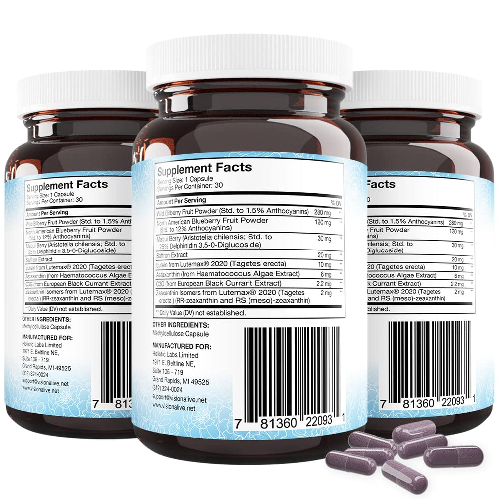 Holistic Health Labs Vision Alive Max bottle with saffron and astaxanthin details.