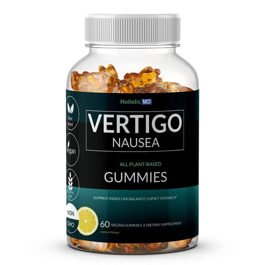 Holistic MD Vertigo Gummies bottle-cap close-up shows easy dosing for quick relief