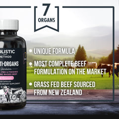 Holistic Method beef organ supplement label close-up highlighting New Zealand grass-fed source.