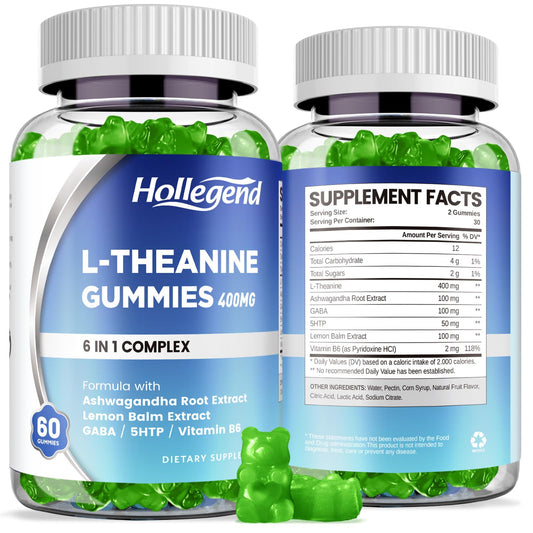 HOLLEGEND L-Theanine Gummies lemon bottle front for calm focus.