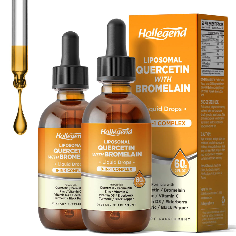 HOLLEGEND liposomal quercetin bromelain bottle highlights immune support potential.