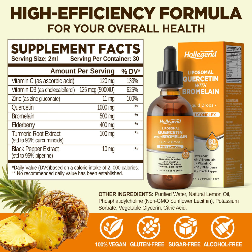 HOLLEGEND quercetin bromelain drops dispense close-up for precise dosing.