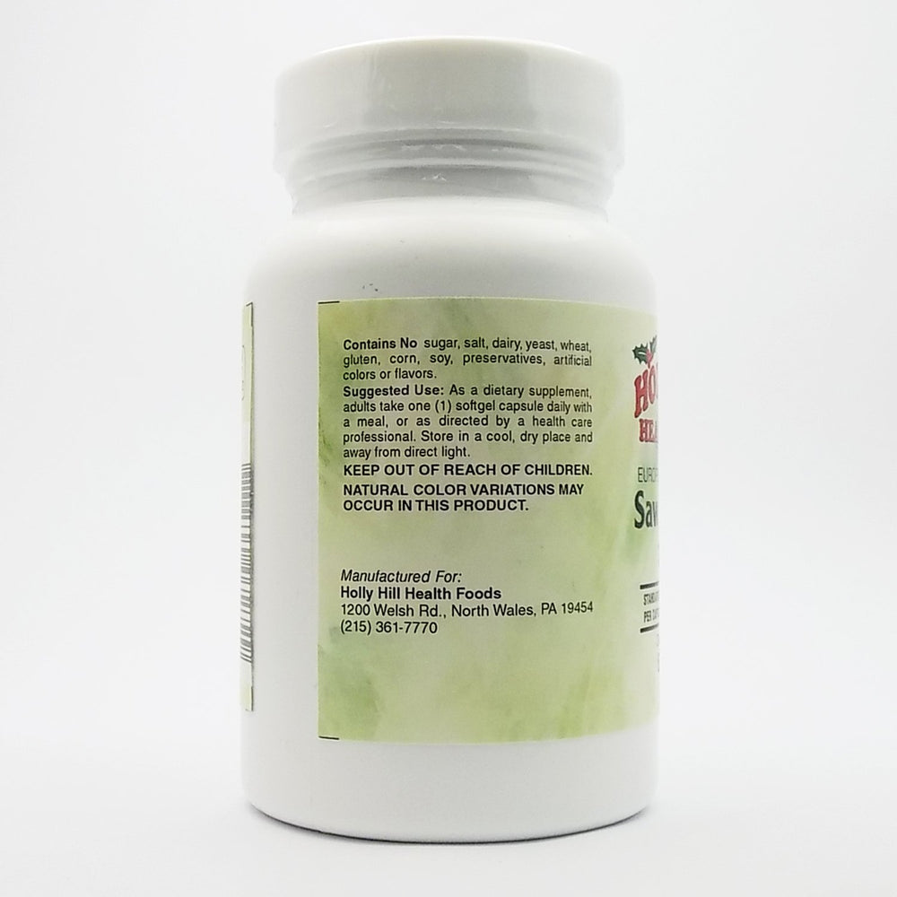 Holly Hill Health Foods European standardized saw palmetto label emphasizing European standards