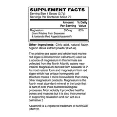 Holly Hill Health Foods magnesium powder ingredients label highlighting sea-sourced minerals
