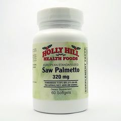 Holly Hill Health Foods European standardized saw palmetto bottle, showcasing 320 mg softgels for prostate health support