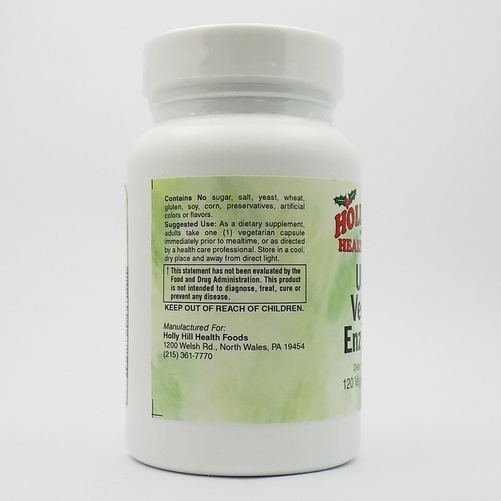 Holly Hill Ultra Veggie Enzymes label panel emphasizing vegan enzyme blend and broad digestive support
