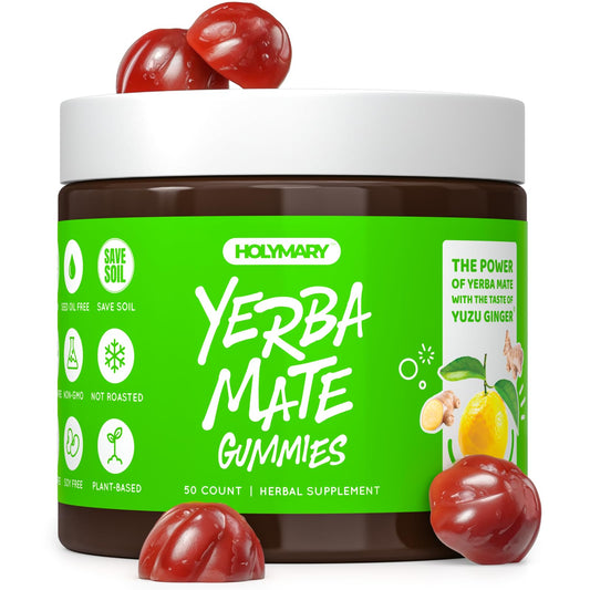 HOLYMARY Yerba Mate Gummies packaging shown for easy daily energy support
