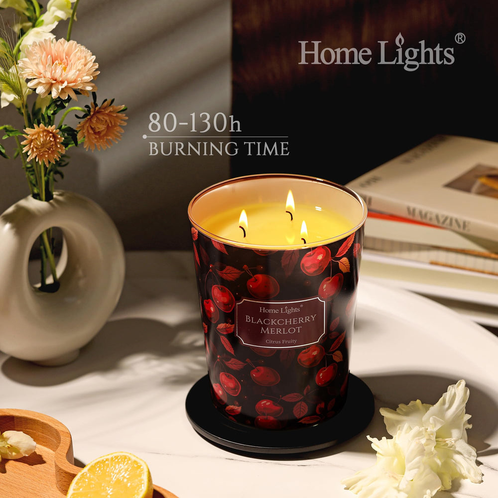 HomeLights Blackcherry Merlot candle with cherry top notes and warm vanilla-musk base.