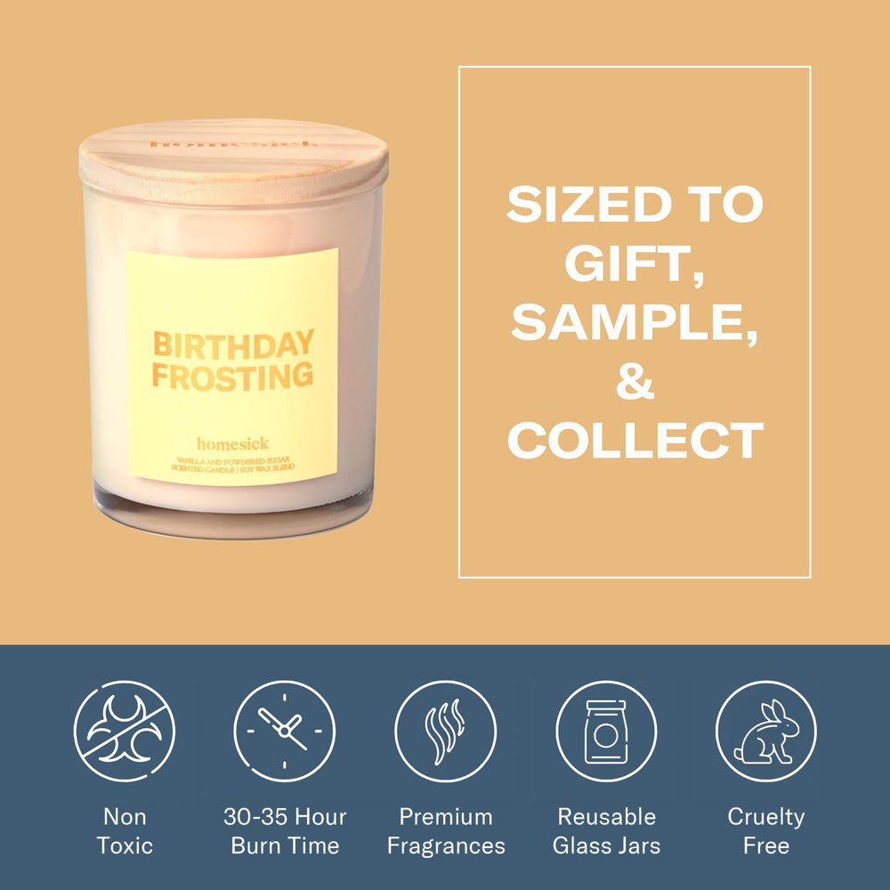 Homesick Birthday Frosting candle packaging showcases a stylish gift-ready presentation.
