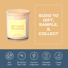 Homesick Birthday Frosting candle packaging showcases a stylish gift-ready presentation.