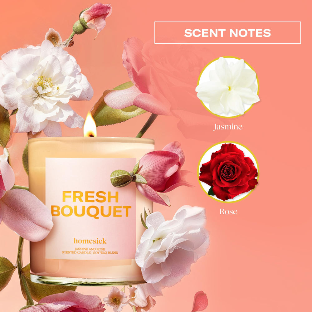 Soft flame from Homesick Fresh Bouquet candle fills the room with floral warmth.