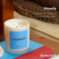 Homesick Howdy candle lit burn, showcasing long-lasting fragrance during evenings