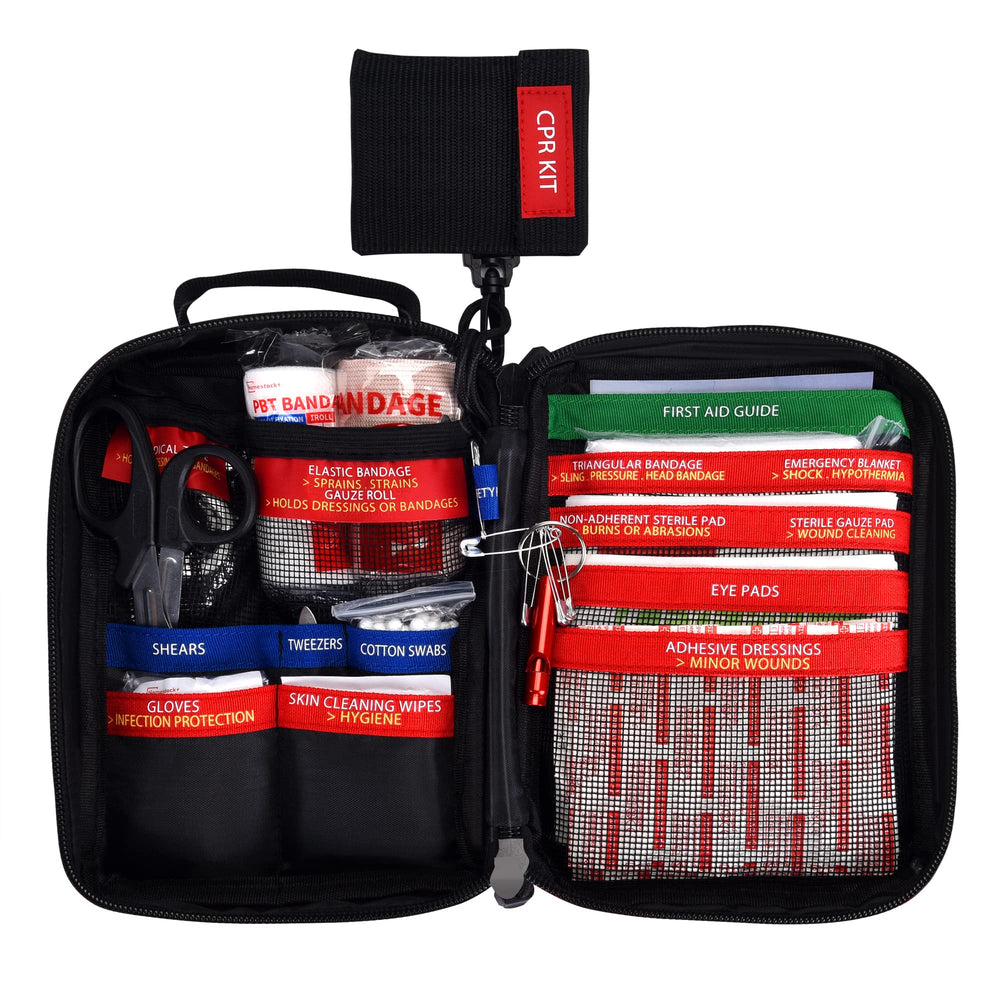 Homestockplus compact first aid kit with durable 600D polyester for rugged outdoor use.