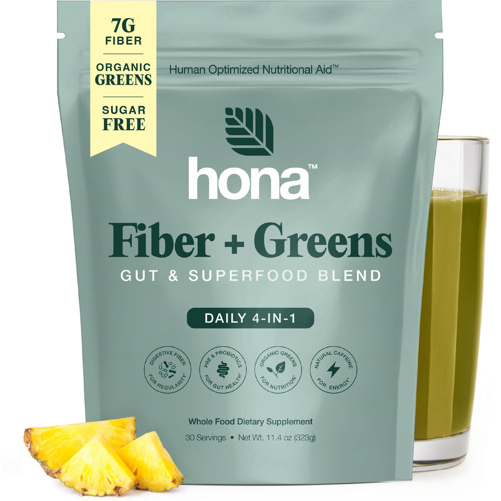 Hona Fiber + Greens bottle-front with clean packaging and gluten-free features.