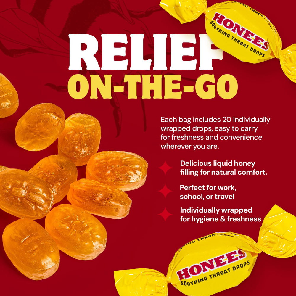 Close-up of honey-filled drop, pure honey core for natural soothing experience.
