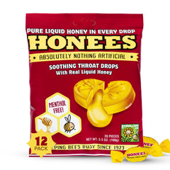 Honees Honey Filled Drops pack front, convenient 12-pack for on-the-go throat relief.