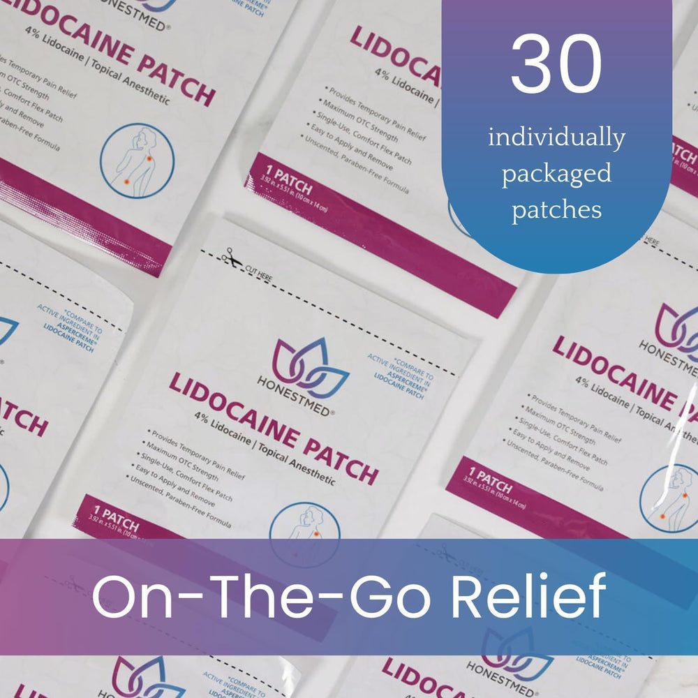 HONESTMED lidocaine patch cut to fit neck area for targeted relief.