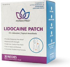 HONESTMED patch box with 60-count carton highlights unscented, long-lasting relief.