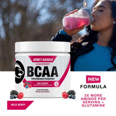Honey Badger BCAA EAA powder being mixed with water for fast hydration.