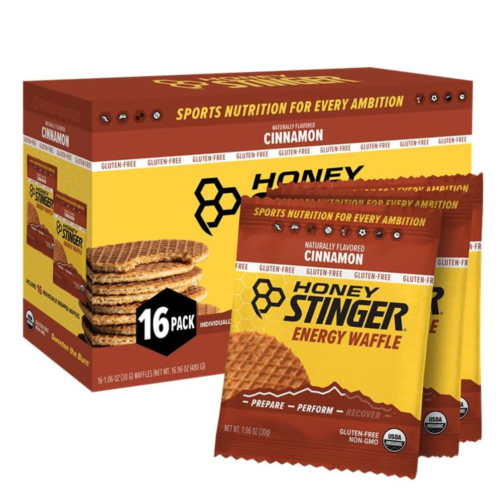 Honey Stinger Organic Cinnamon Waffle 16ct box front view for quick energy on the go.