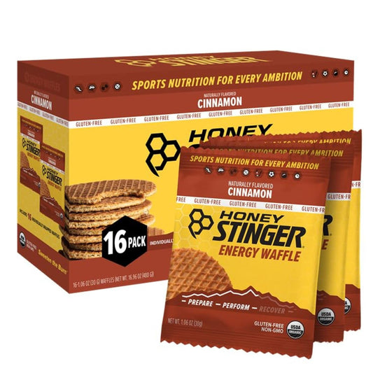 Honey Stinger Organic Cinnamon Waffle 16ct box front view for quick energy on the go.