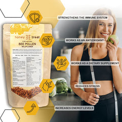 Honey Treat bee pollen granules meadow sunlit harvested from wildflowers.
