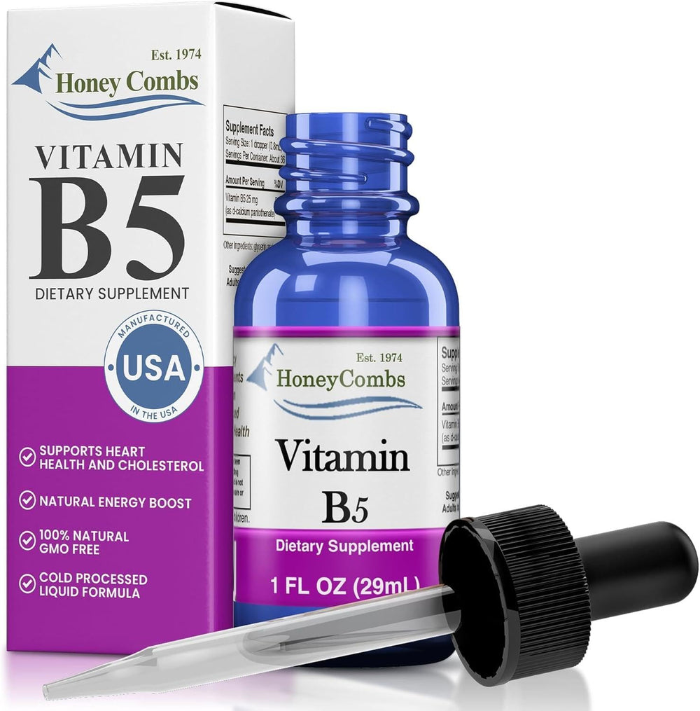 HoneyCombs Vitamin B5 drops bottle front for daily energy support.