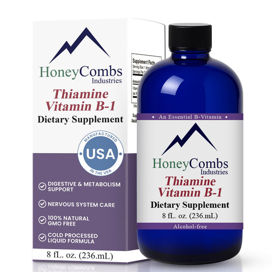 HoneyCombs Thiamine liquid drops bottle for easy daily energy support.