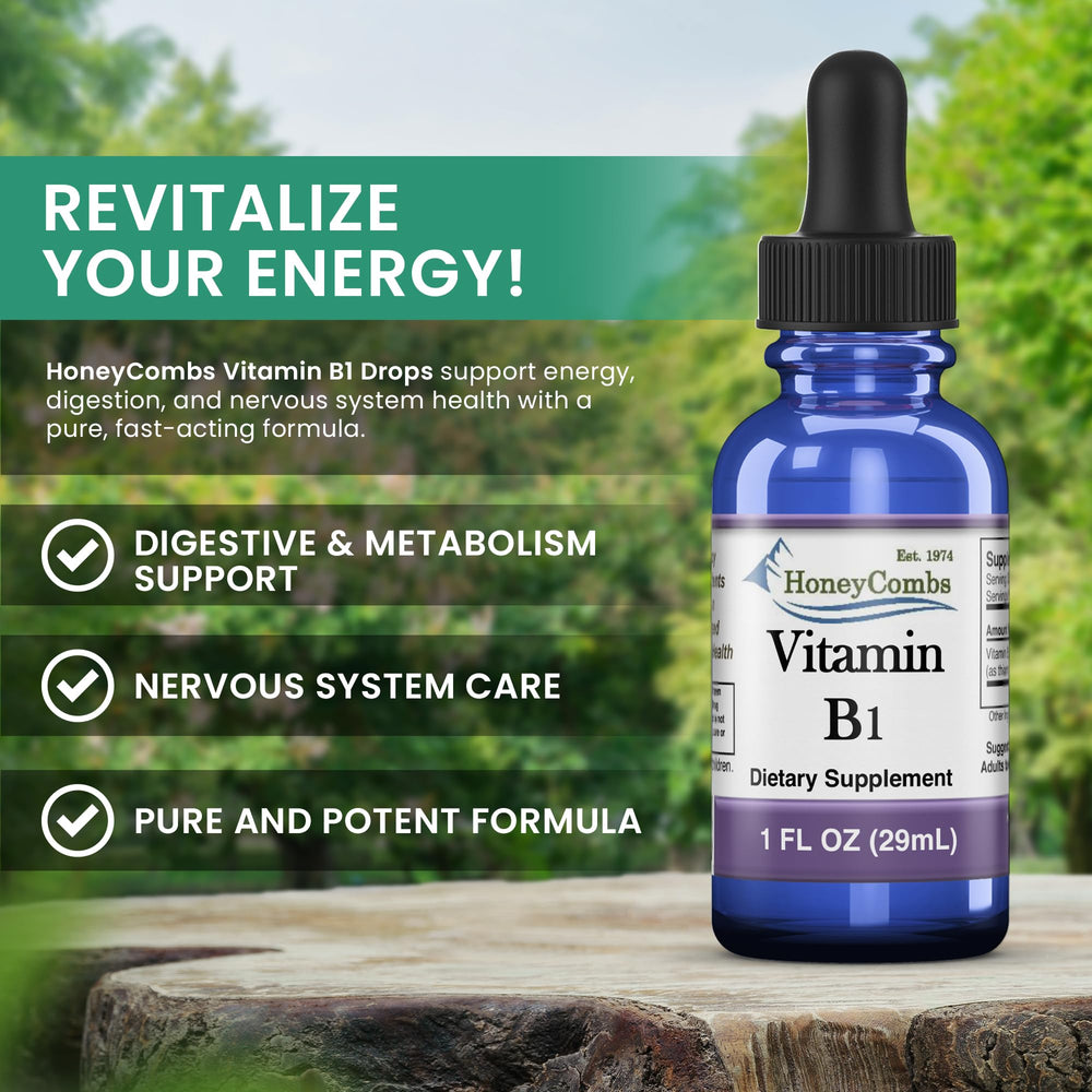 HoneyCombs Thiamine drops dropper used for quick absorption.