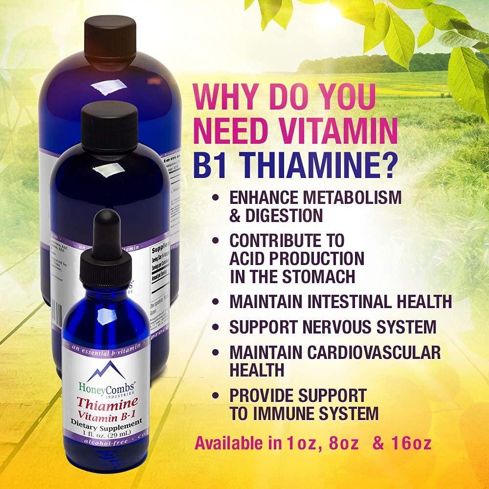HoneyCombs Thiamine drops label highlights vegan formula.
