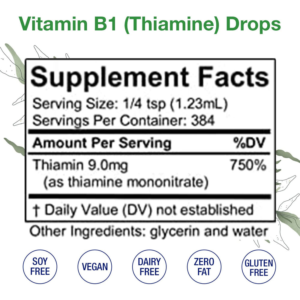 HoneyCombs Vitamin B1 liquid drops label showing vegan, clean ingredients