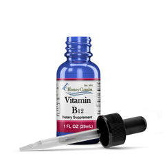 HoneyCombs Vitamin B12 liquid drops bottle for daily use and 36 servings.