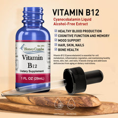 Close-up label shows USA-made vitamin B12 with pure formulation.