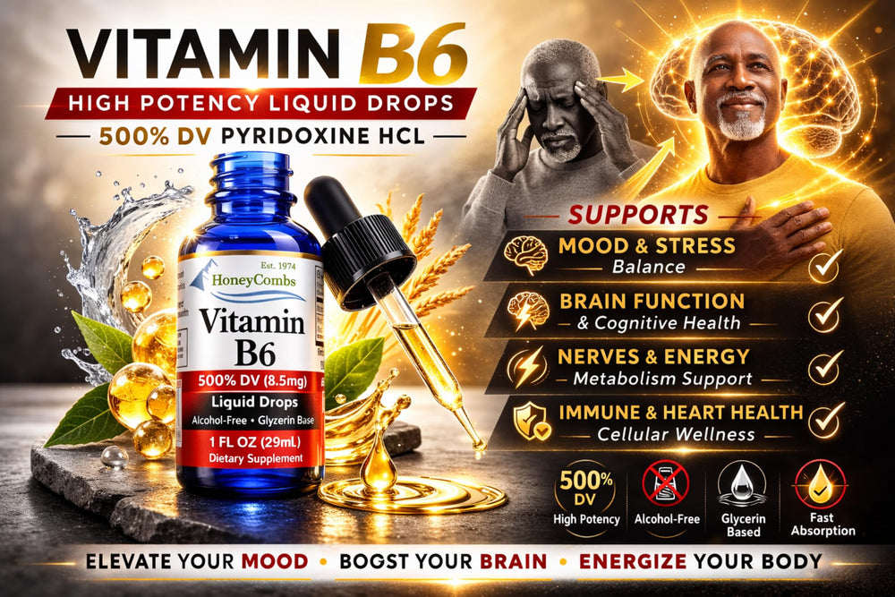 HoneyCombs Vitamin B6 liquid drops amber bottle preserves potency.