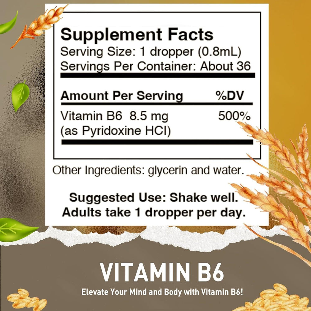 HoneyCombs Vitamin B6 liquid drops label confirms vegan formula and quality.