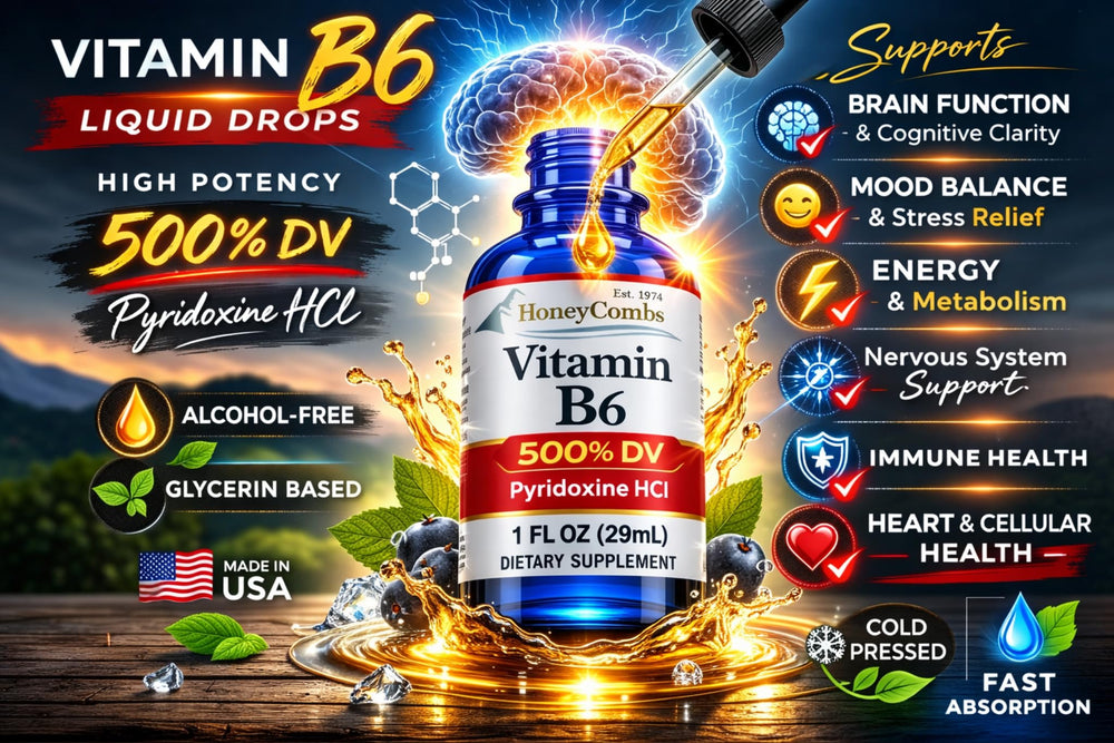 HoneyCombs Vitamin B6 liquid drops USA-made badge signals trust.