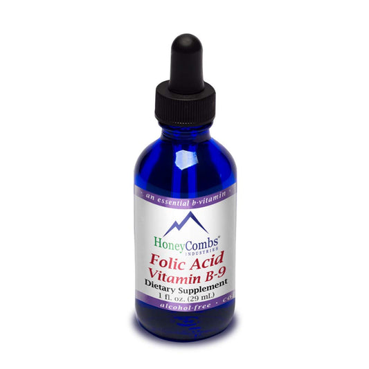 HoneyCombs Vitamin B9 liquid drops bottle for easy folic acid supplementation.