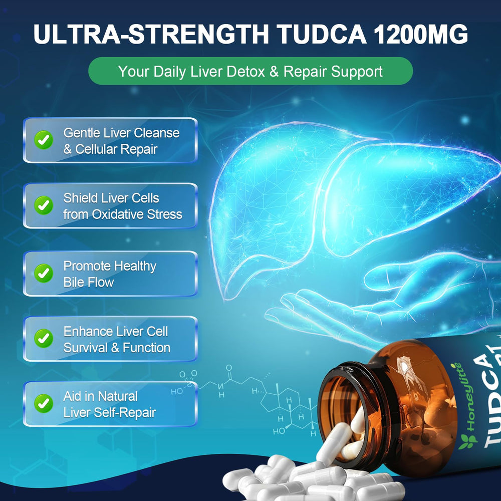 Honeylitte TUDCA 1200mg label details highlight vegan non GMO purity
